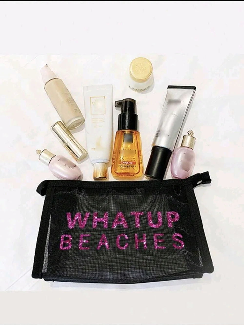 Black Mesh Tote Bag with Pink 'WHATUP BEACHES' Text